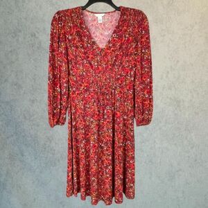 London Times Knee Length Dress Womens Medium Petite Red Floral Fit Flare